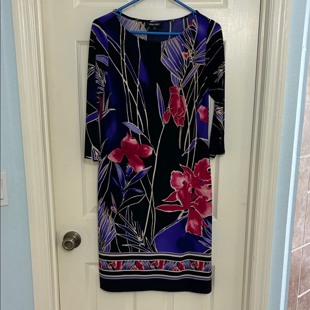 Nine West Black Midi Dress with Pink & Purple Floral Print
